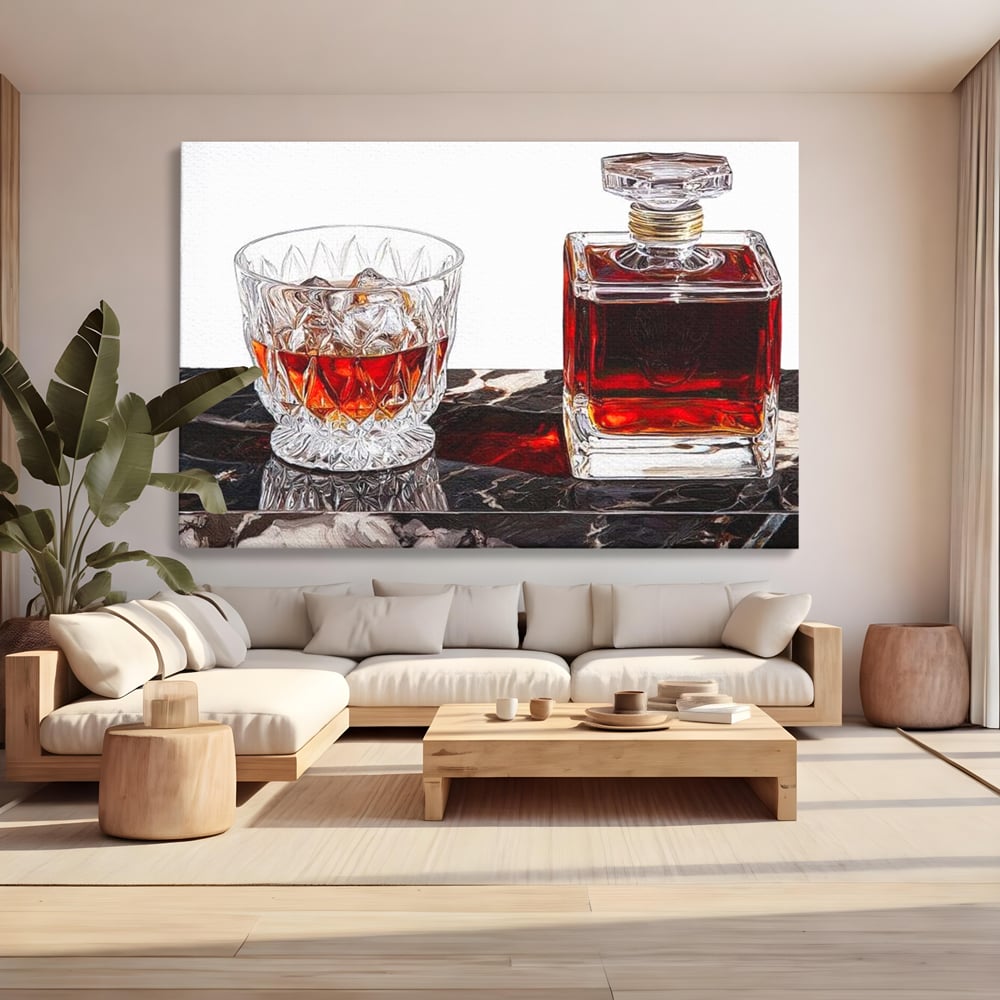 Tablou canvas cu tablou canvas cu pahar de whisky si carafa, fara rama, pe sasiu de lemn, pe perete intr-un living